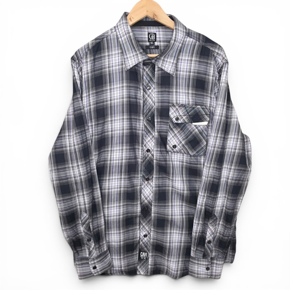 Cavi Shirt Mens XL Black Purple Plaid Button Up Snap Long Sleeve Pocket Casual